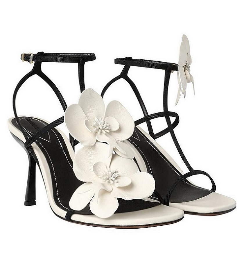 Orchid Flower Stiletto Heels: Contrast Leather Strappy Sandals Shoes For Women, Sexy Round Toe Pumps for Wedding Party Wedding, EU35-41