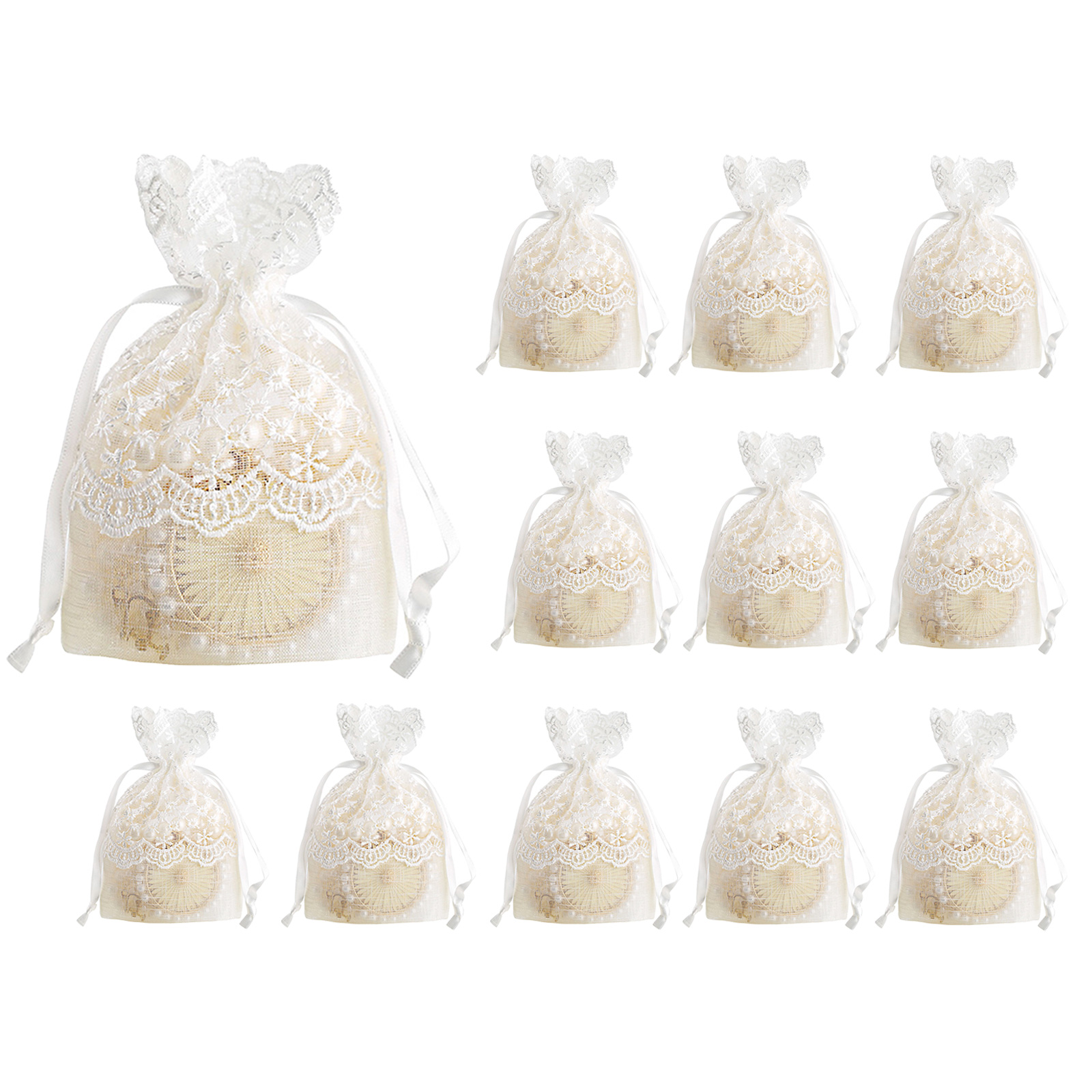 12PCS Organza Drawstring Pouch White lace Drawstring Bag Jewelry Makeup Gifts Bags Christmas Candy Packings Gift