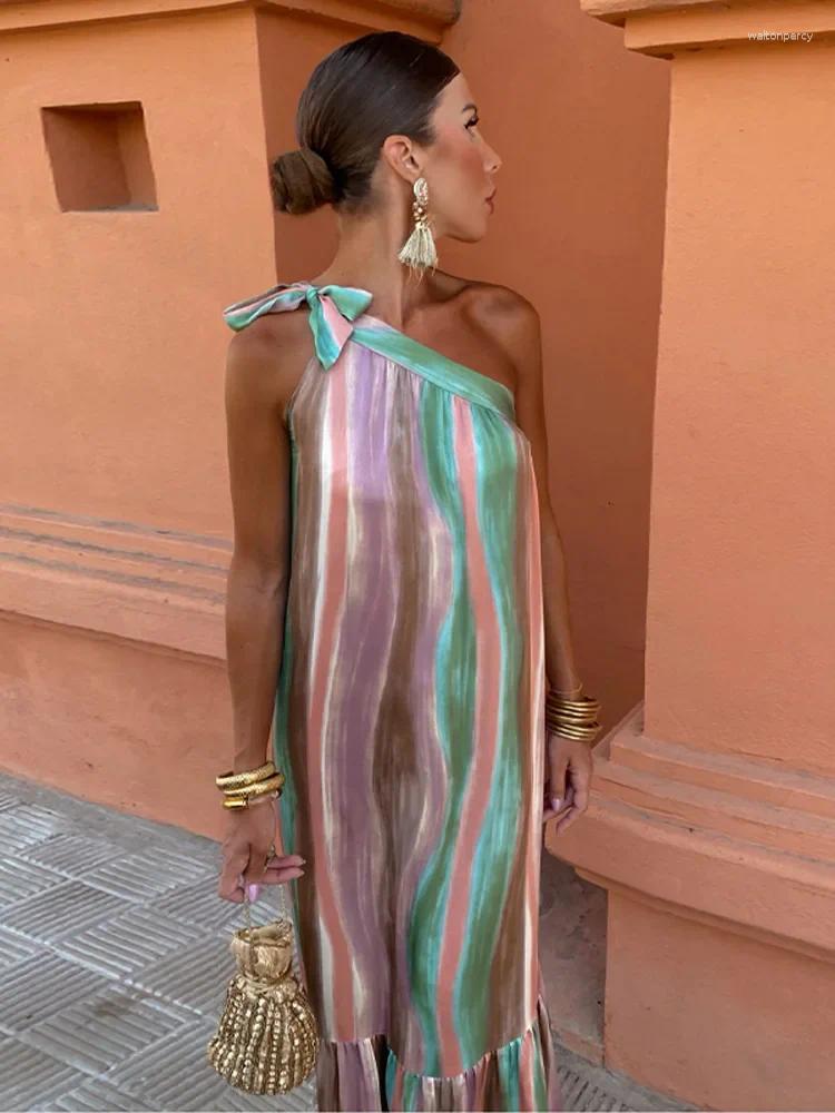 Casual Dresses Chic Gradient Printed Diagonal Collar Bow Lace Up Maxi Dress Women Sexy Backless Off Shoulder Sleeveless Robe Summer Lady