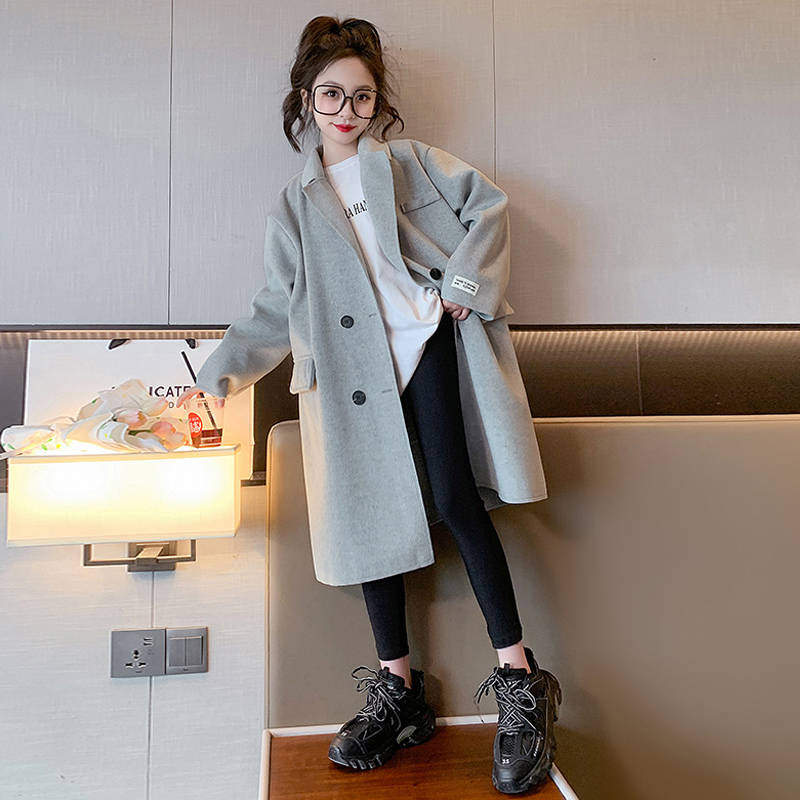 Elegant Wool Blends for Children Streetwear Vintage Teenage Girl Jackets Loose Autumn Winter Coats Woolen Overcoat Korean Kids