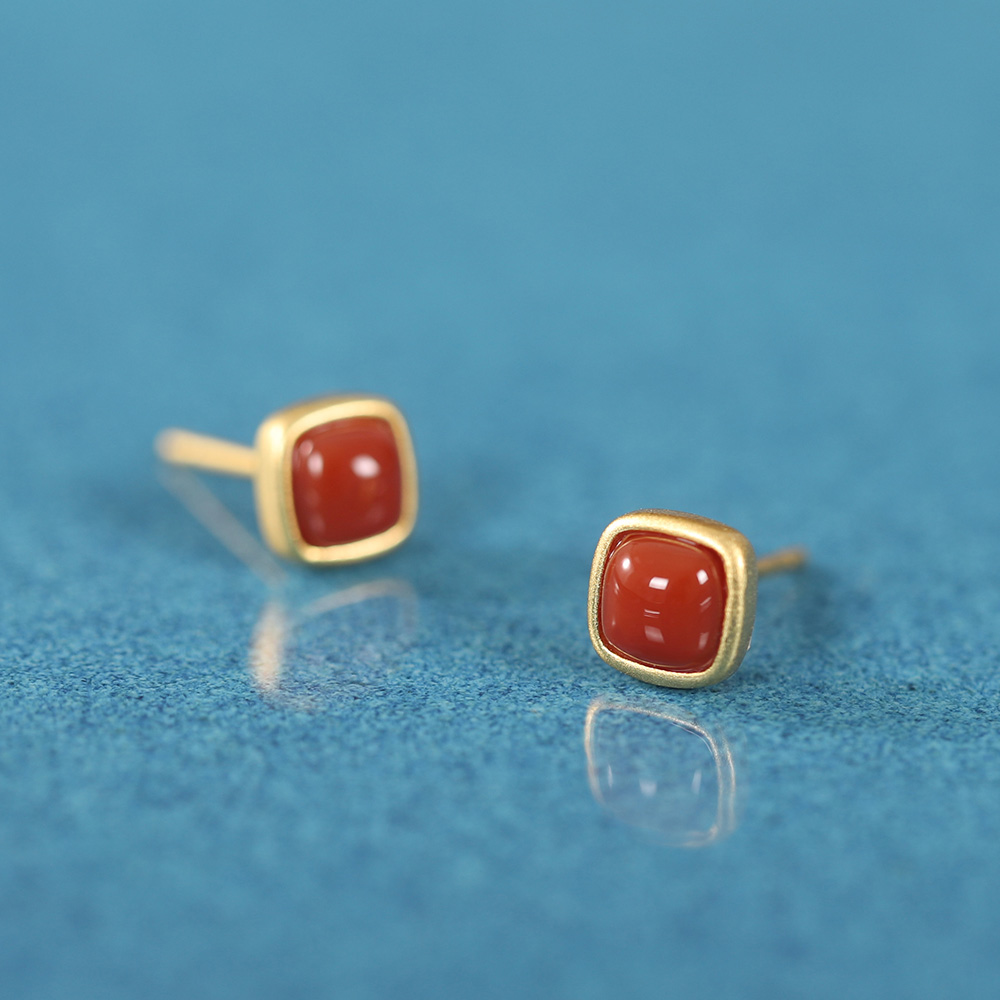 Turquoise Earrings For Women Natural Hotan Jade Red Agate Square Ear Studs Simple Chinese Style Jewelry Wholesale Free Shipping