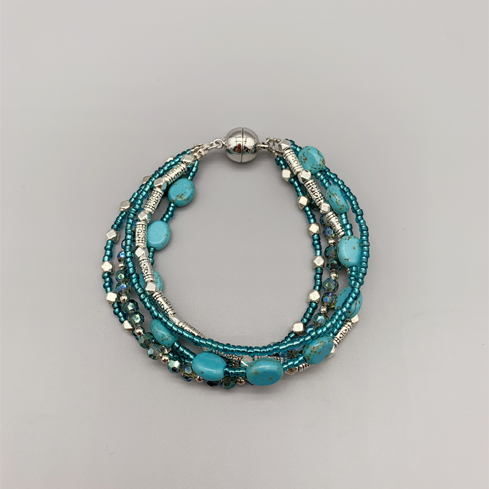5 Strands Of 7*8mm Oval Turquoise Bracelet With 3*4mm Teal Crystals Antique Silver Beads Magnetic Clasp For Women Girls 7.5 Inch