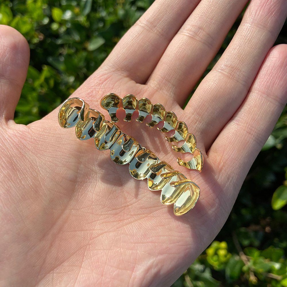 RACHELZ Hip Hop 8/8 Pattern Tooth Caps Gold Plated Teeth Grillz Braces Punk Dental Grills For Men Women Body Jewelry