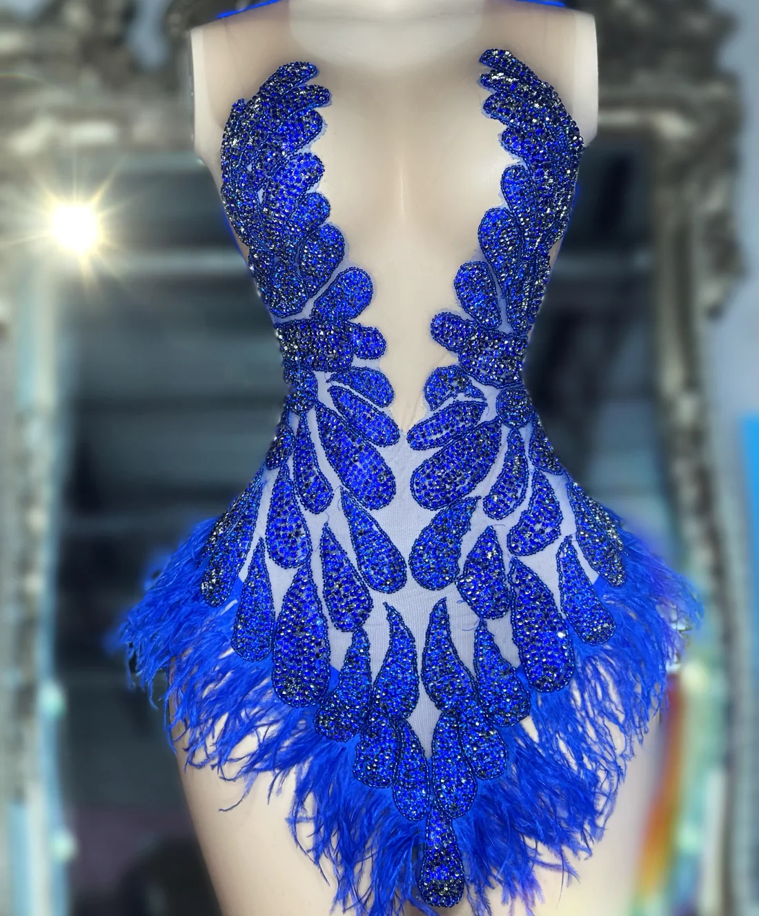 Royal Blue Feather Short Prom Dresses For Black Girls See Through Crystals African American Cocktail Dresses Birthday Party Homecoming Gowns J025