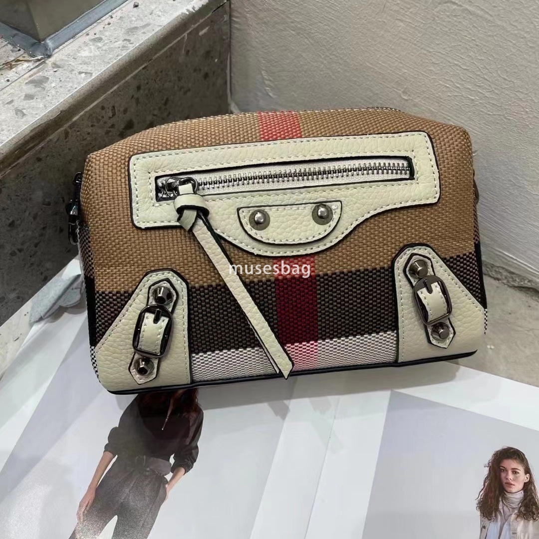 European and American retro niche design new top layer cowhide canvas plaid contrasting small square bag mobile phone bag wallet mom bag