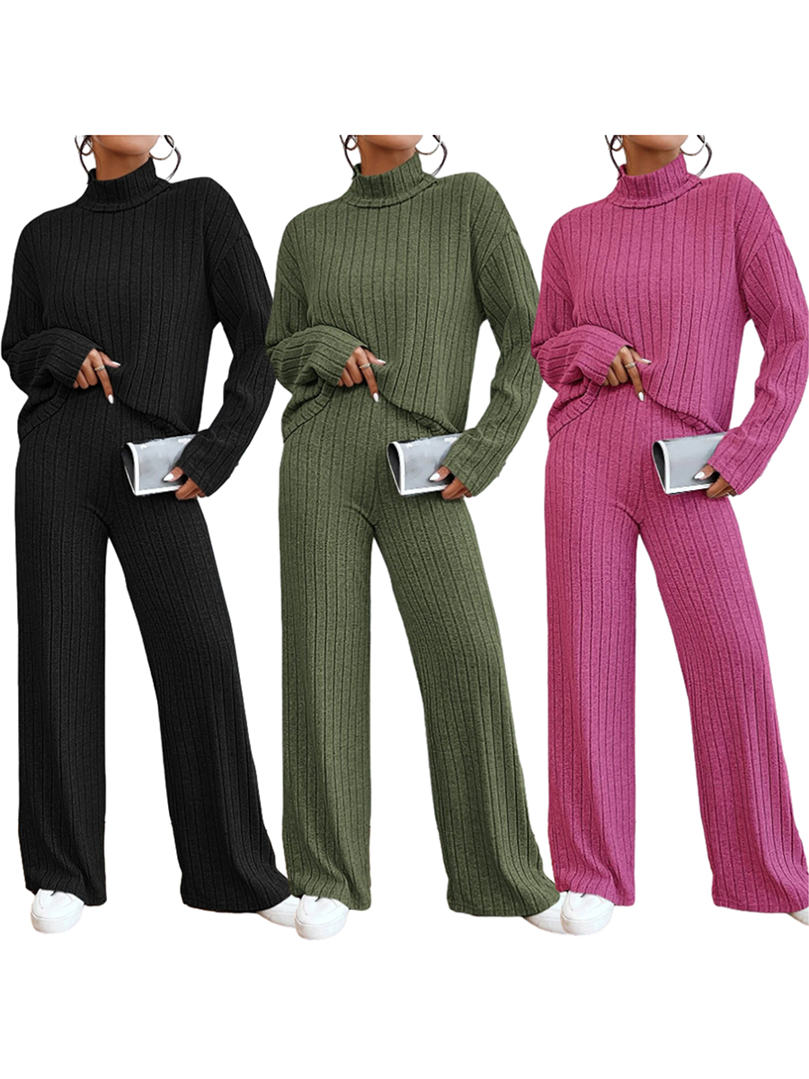 Women Pants Suit, Elegant Long Sleeve Turtleneck Sweater with Knit Pants Fall Outfit for Yoga Clothing