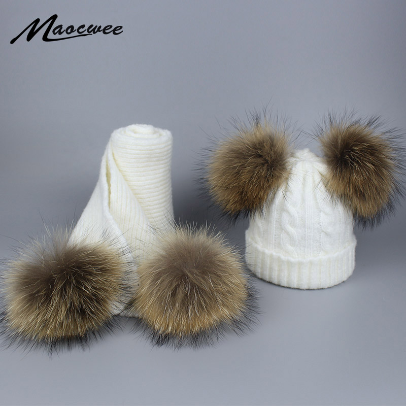 Children Creative Knitted Hat Scarf Set Wool Knitted Scarf Kids Real Fur Pom pom Beanie Skullies for Boys and Girls 0-5 years