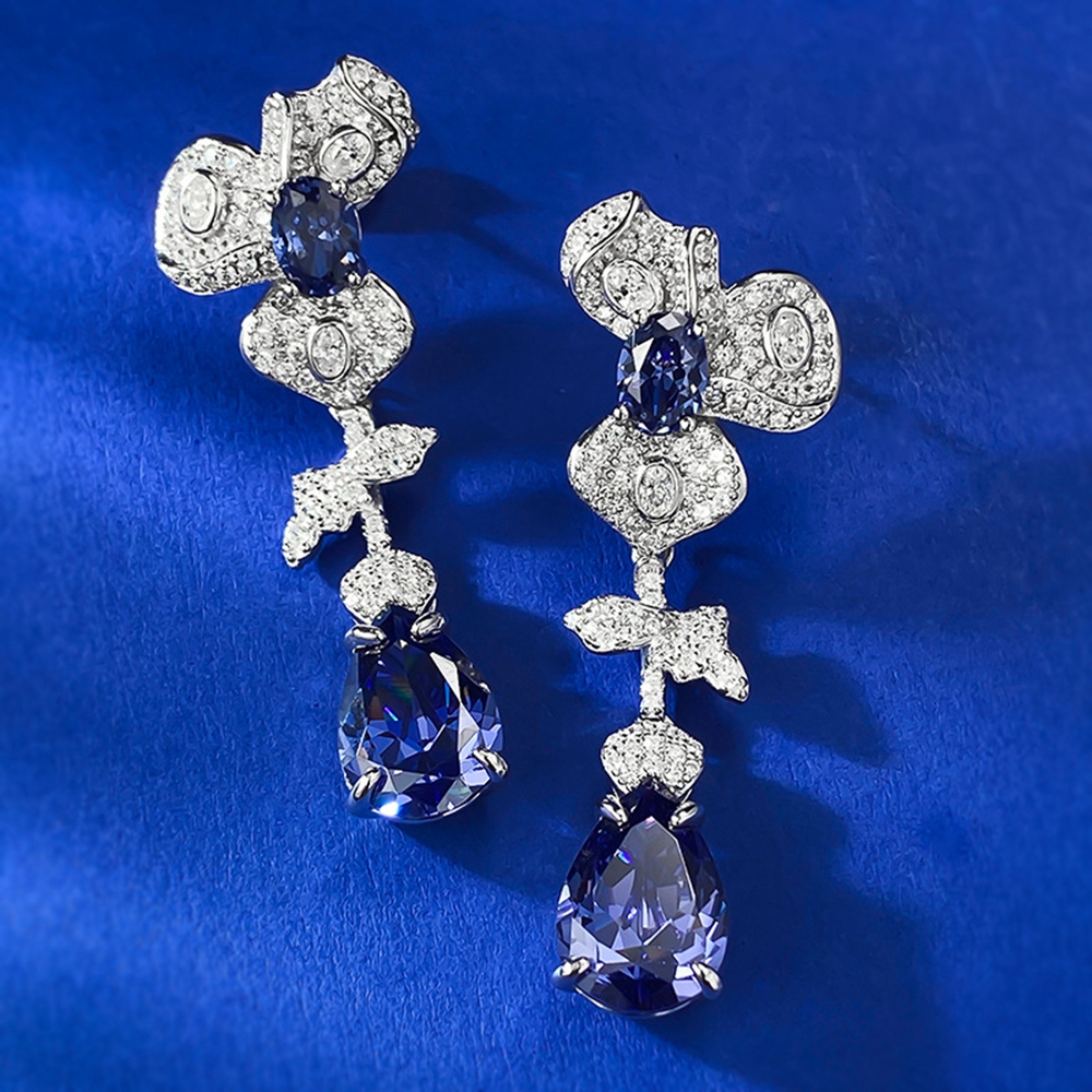 Wong Rain 100% 925 Sterling Silver Pear Cut Lab Sapphire Gemstone Flower Drop Dangle Earrings for Women Fine Jewelry Gifts