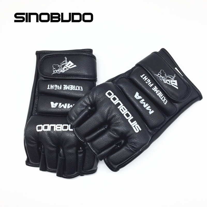 SINOBUDO Kick Boxing Protector MMA Gloves Muay Thai Training Gloves MMA Boxer Fight Boxing Equipment Half Mitts PU Leather Black