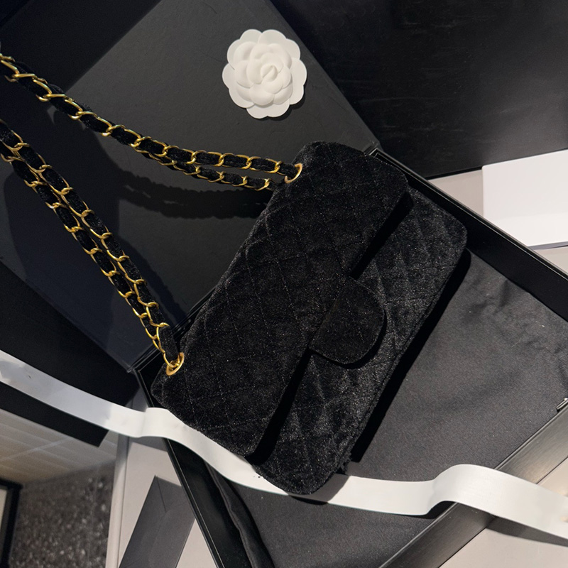 Luxury Designer Designer CC Velvet Velour CF Shoulder Bags Classic Double Flap Quilted Purse Gold Metal Hardware Mateasse Chain Crossbody Hobo Handbag 25cm 6 Colors