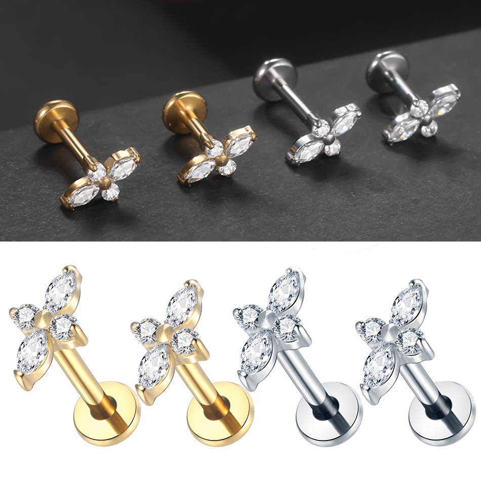 ASTM F136 Titanium Labret Piercing Lip Ring Paved CZ Flower Top Flat Back Stud Earrings Helix Cartilage Medusa Tragus Jewelry