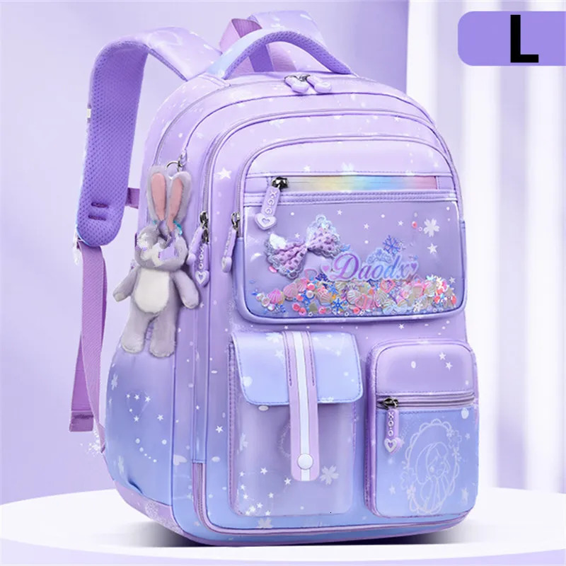 Primary Bow Knot Schoolbag With Rabbit Pendant For Girls Orthopaedics Kids Backpack Kawaii Waterproof School bag Nylon Backpacks 240621
