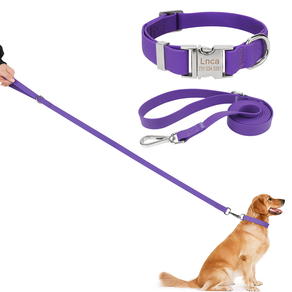Personalized Custom Dog Collar and Leash Set,PVC Waterproof Adjustable Stinkproof Pet Collar Leashes for Large,Medium Small Dogs