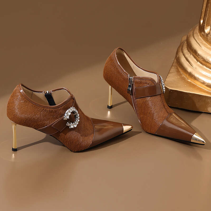 Women Elegant Horsehair Pointed Toe Heels Pumps Zip