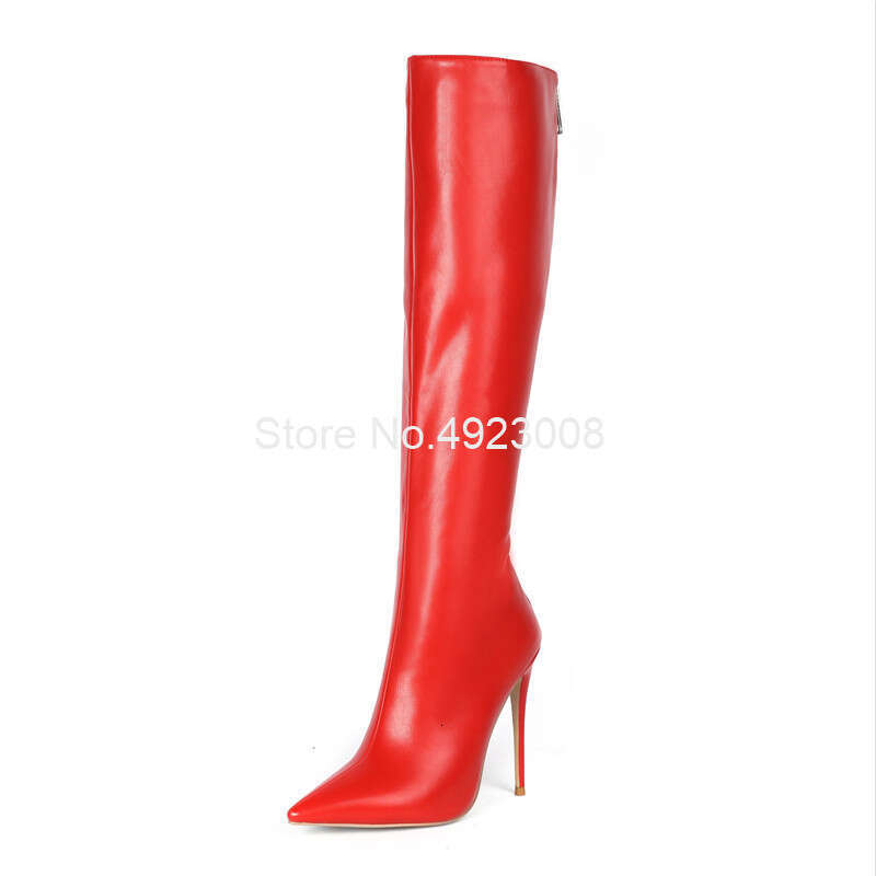 Riding 12Cm Thin Heel Fur Back Zipper Knee High Red Handmade Customize Women Shoes Winter Long Boots New