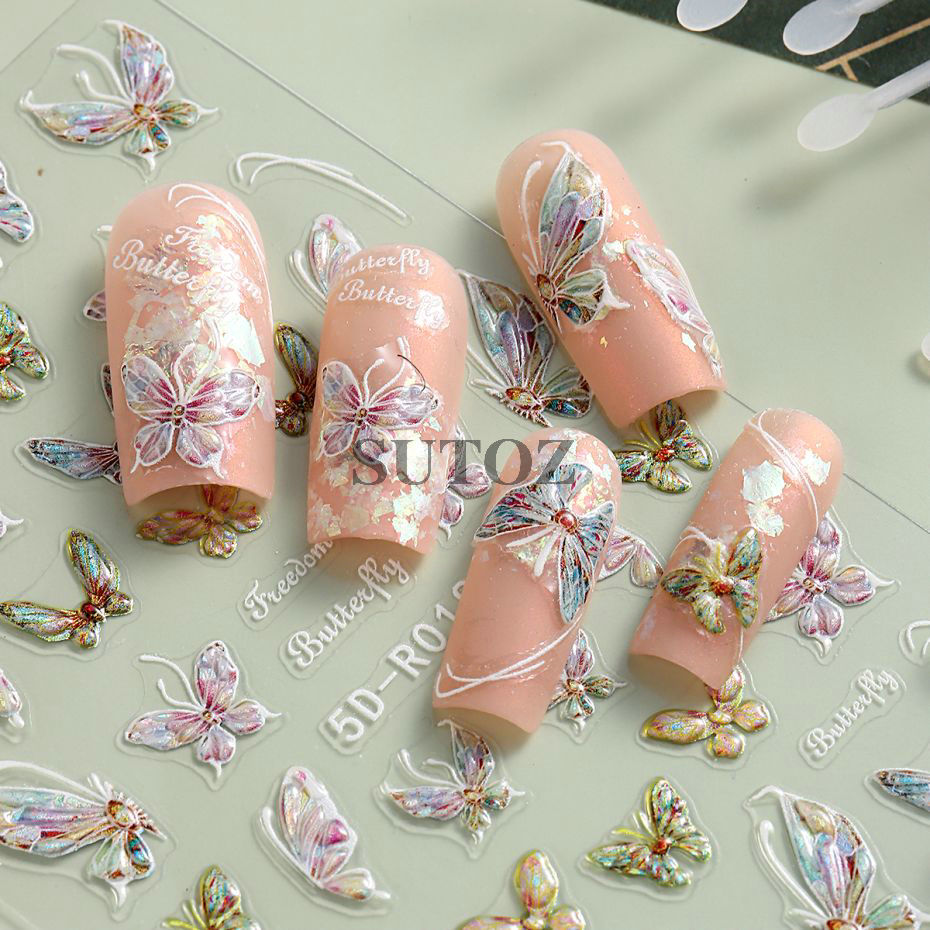 Aurora Butterfly Nail Stickers 5D Relief Color Glitter Butterfly Design Nail Art Decals Watercolor Butterflies Manicure 5D-R018