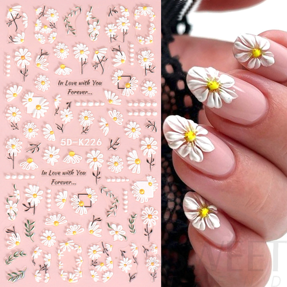 5D Acrylic Embossed Nail Art Stickers Yellow Mimosa Butterfly Daisy Flower Gel Polish Engraved Manicure Sliders Nail Tips BE5D-K