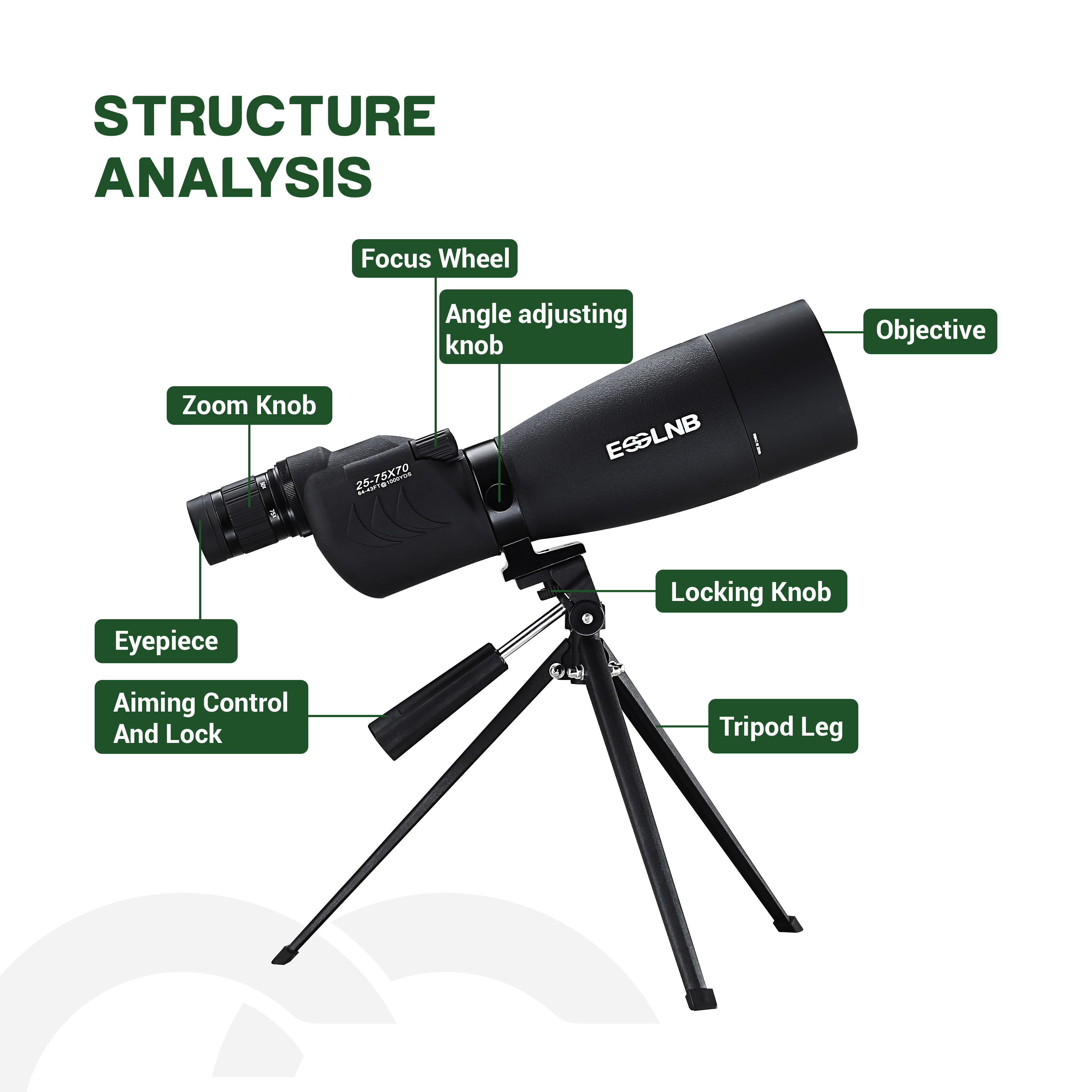 Spotting Scope with Tripod Cell Phone Adapter 25-75 X 70 BAK4 Target Scope Straight Eyepiece Waterproof Spotting Scopes