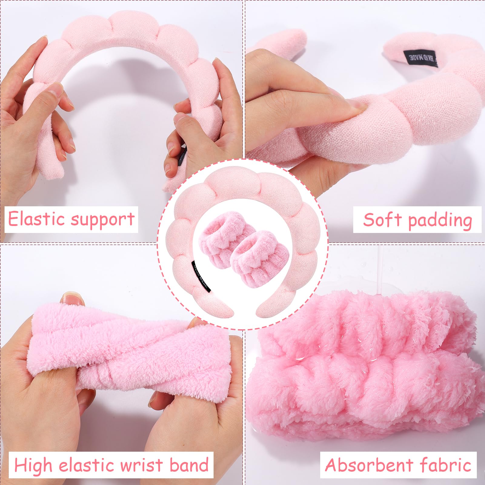 Spa Headband for Washing Face Wristband Set Sponge Makeup Skincare Headband Wrist Towels Bubble Soft Get Ready Hairband for Wome