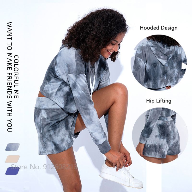 Women Loose Tracksuits Sports Tennis Clothing Set Hooded Crop Tops High Waist Shorts 2 Piece Set Long Sleeve Gym Active Wear