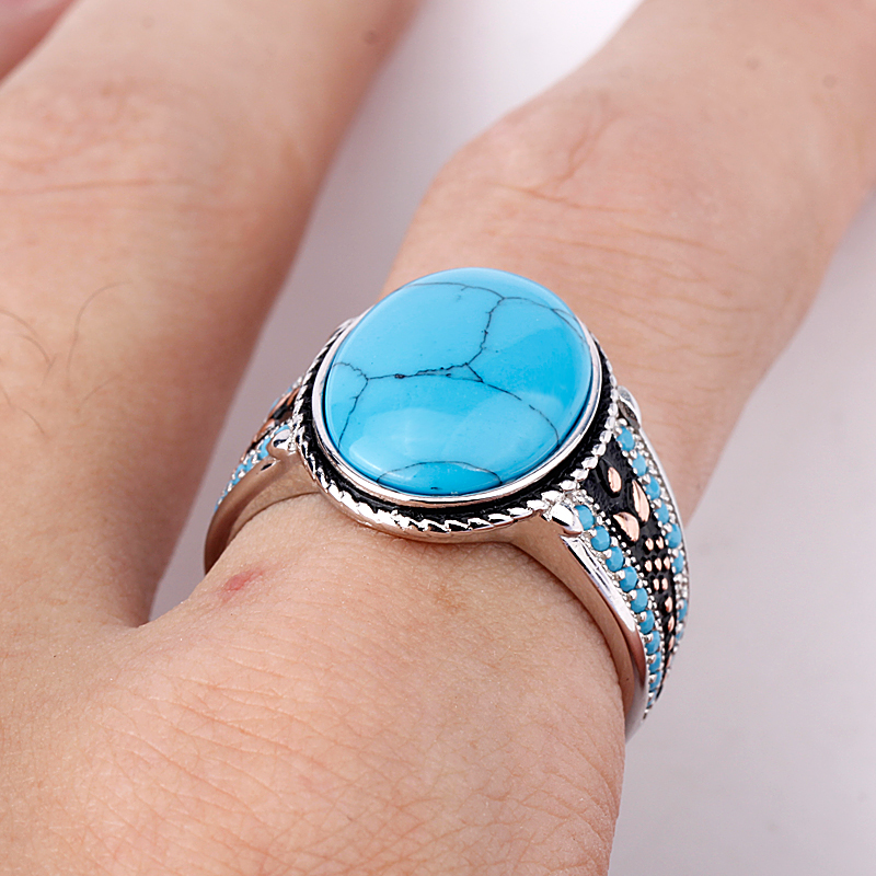 Men Ring with Turquoise Vintage 925 Sterling Silver Oval Sky Blue Stone Life Track Significance Male Women Ring Jewelry Gift