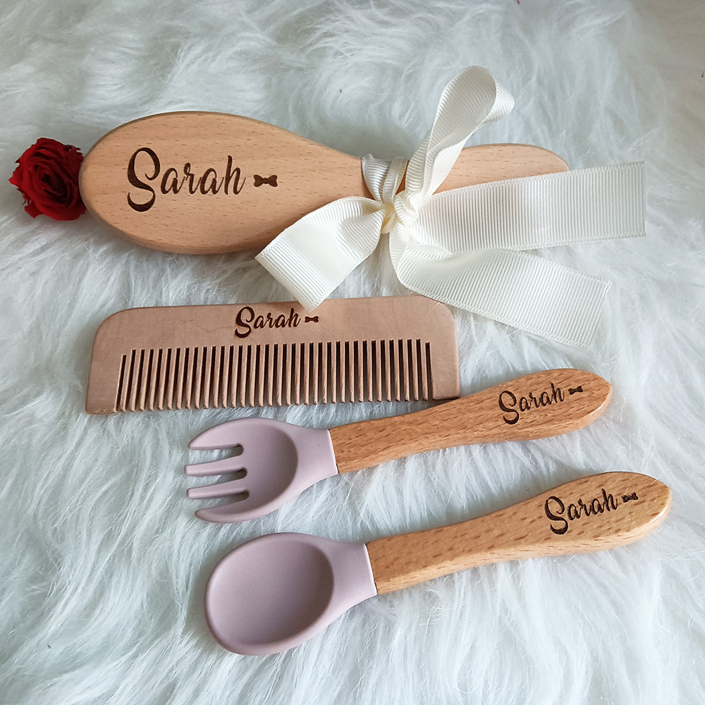 Custom Name Baby Care Hair Brush, Silicone Spoon, Feeding Supplies, Newborn Accessories, Teething Baby Shower, Guests Gift