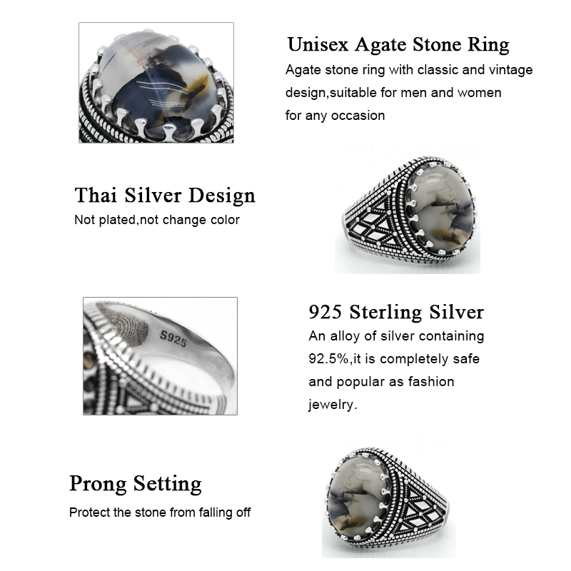 Vintage Mens Ring 925 Sterling Silver With Oval Natural Agate Stone Plaid Stripes Design Turkish Rings Jewelry to Husband Gift