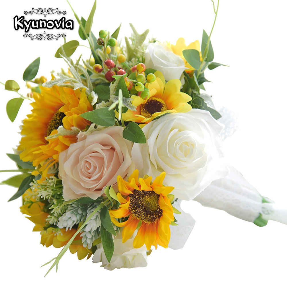 Kyunovia Beautiful Bride Bouquet Sunflower and Rose Wedding Flowers Bridal Bouquets Wedding Bouquet for Bridesmaids BY64