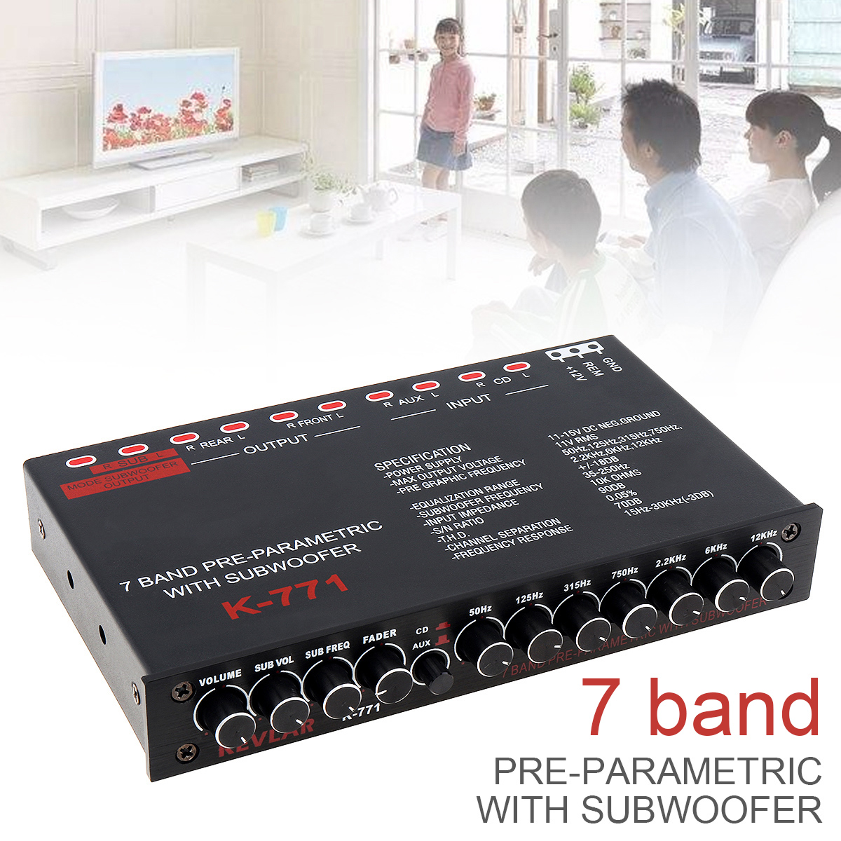 Car EQ Equalizer 7 Bands Pre-Parametric With Subwoofer Auto Audio EQ Tuning Crossover Amplifier External AUX Input K-771