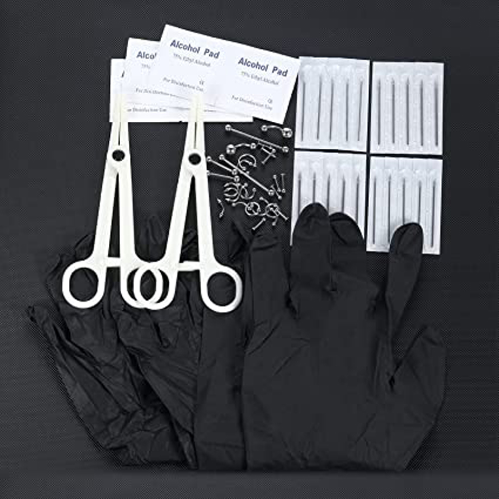 58PCS Body Piercing Kit 14G 16G Lip Nail Cartilage Daith Ear Belly Rings Nose Septum Piercing Jewelry Needles Gloves Clamps Tool