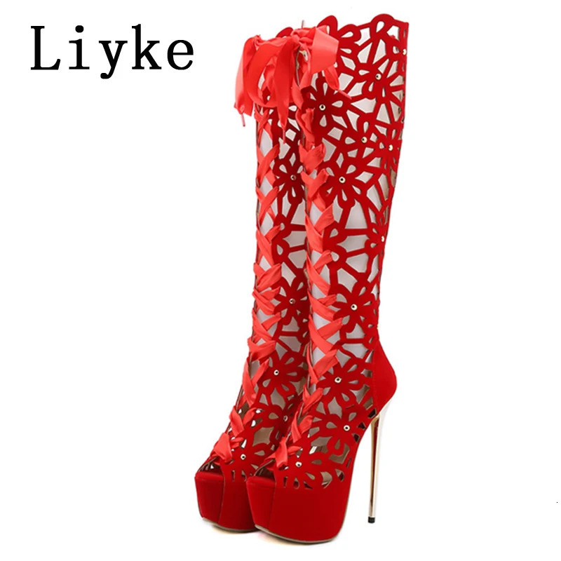 Liyke 16CM Ultra Thin High Heels Sexy Nightclub Hollow Out Over The Knee Boots Women Peep Toe Lace-Up Zip Platform Shoes Sandals 240629