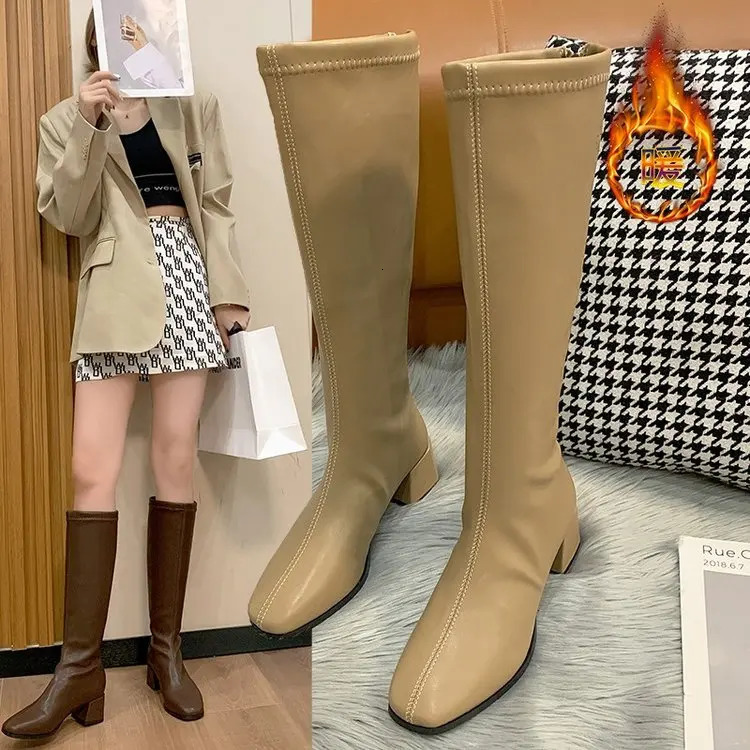 Fashion Women Black Block High Heels Long Boots Winter Warm Knee High Boots Soft Leather Thigh High Boots Shoes 240629