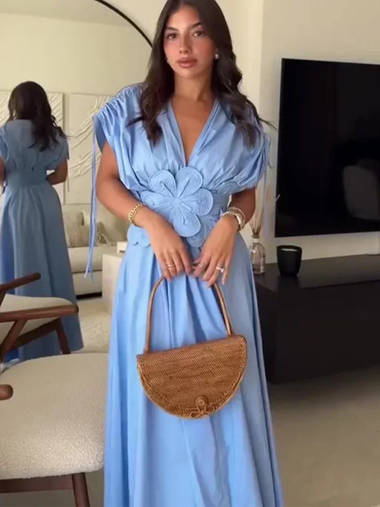 Women Elegant 3d Flower Solid Pleated Long Dress Chic V Neck Short Sleeved Drawstring Lace Up Robes Summer Ladies Party Dresses 240627
