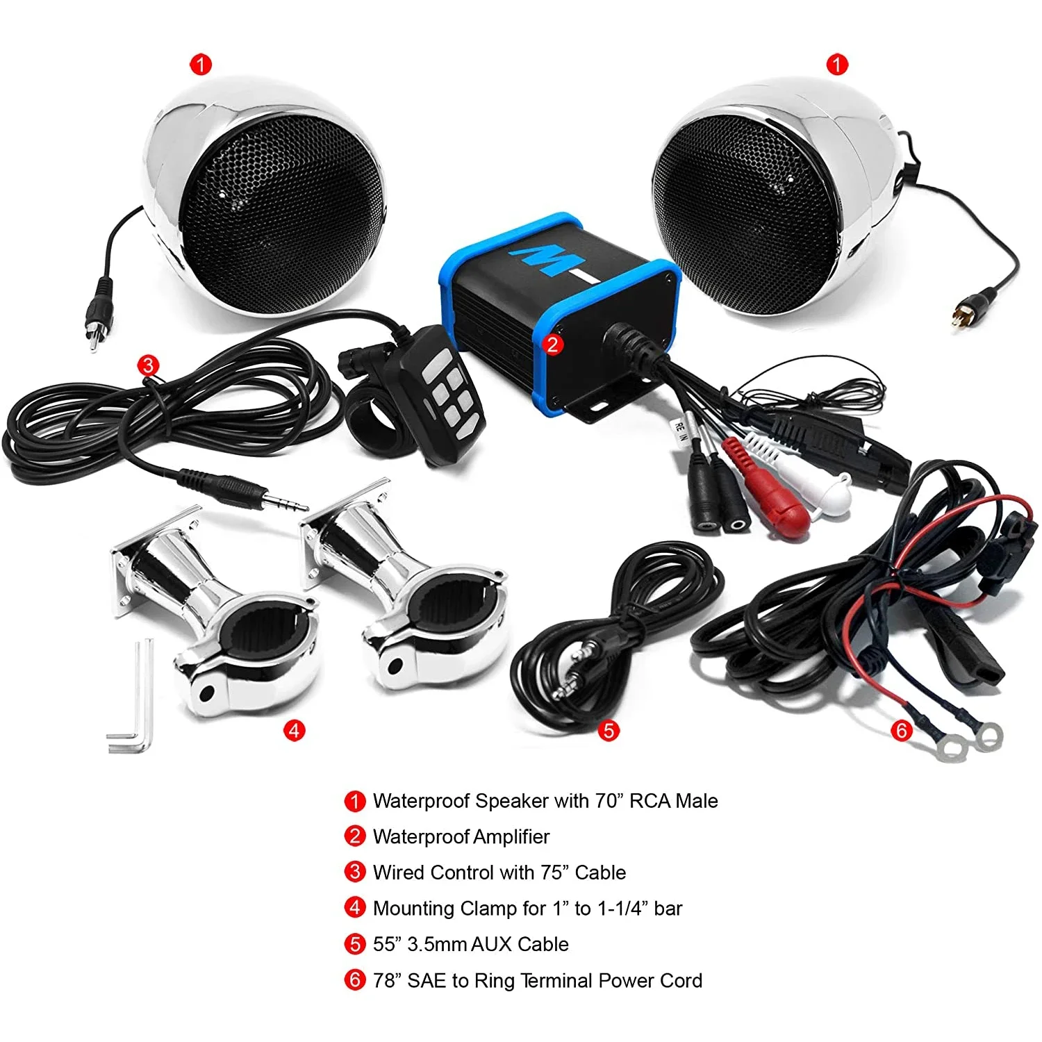 300W 2CH Waterproof Amplifier Motorcycle Audio System Outdoor ATV/UTV Stereo Bluetooth Speakers with FM Radio, USB, AUX MP3 Play