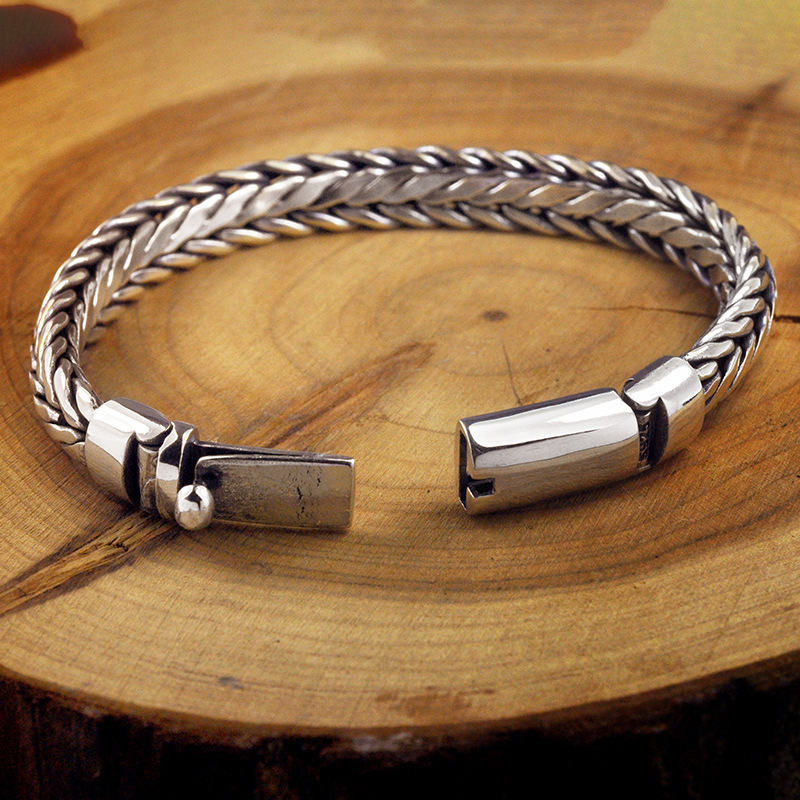925 Sterling Silver Viking Bracelet for Men Braided Weave Chain Bracelet with Plug Safety Clasp Handcrafted Jewelry