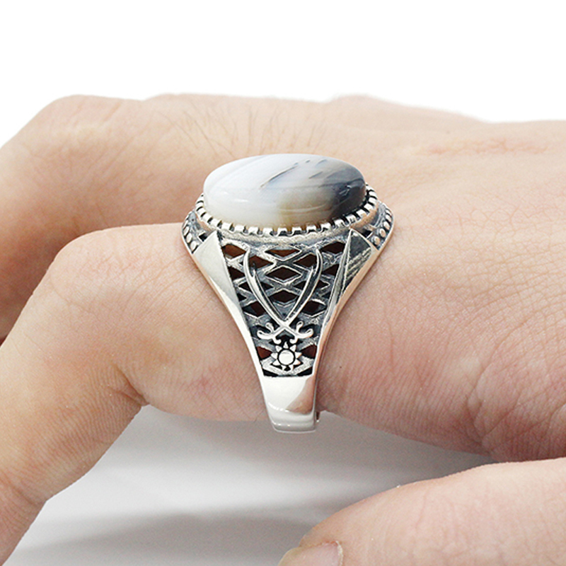 Islamic Ring for Men 925 Sterling Silver Ottoman Swords Natural Agate Stone Male Rings Turkish Muslim Religious Jewelry Gift