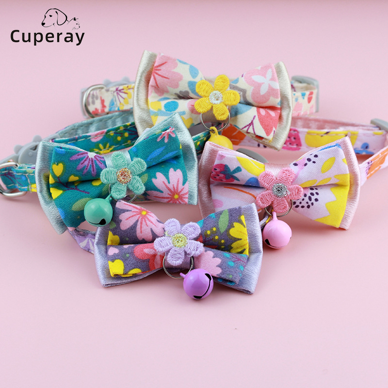 Bow Tie Cat Collar, Floral Pet Collar Lace Embroidered Flower Bell Removable Bow Tie Cat Collar for Kitten and Puppy Accessories
