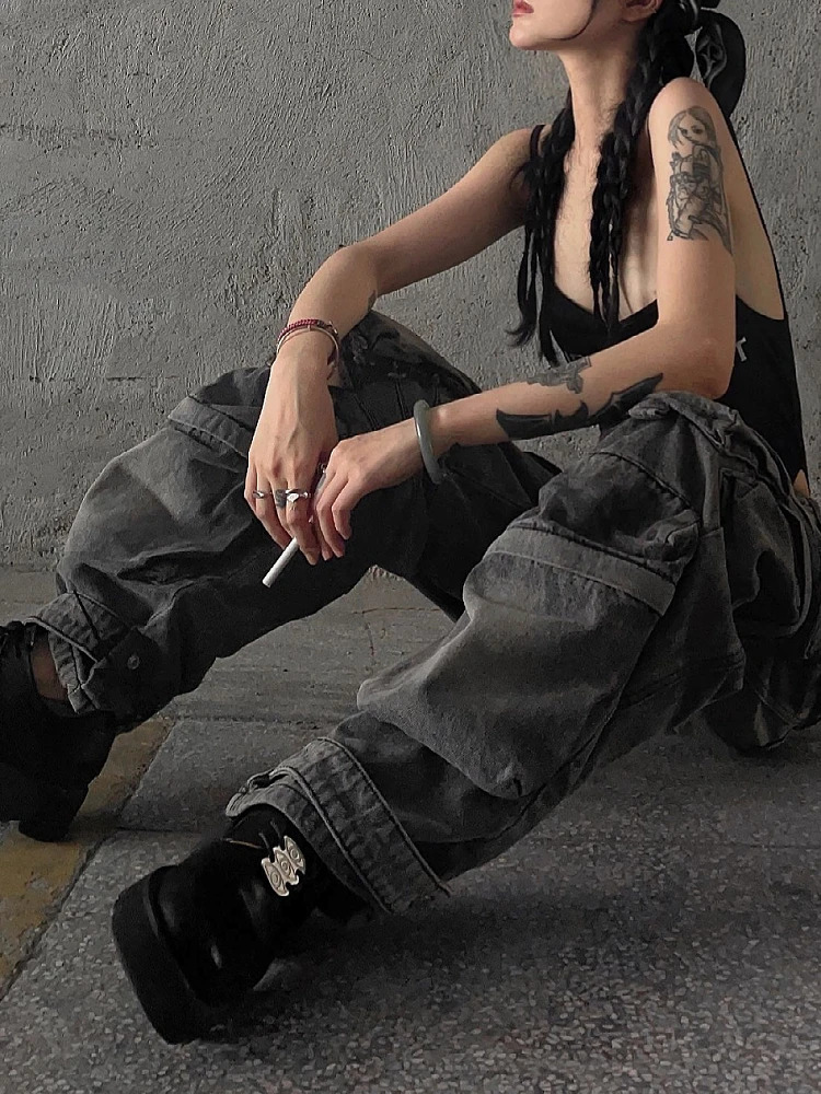 Women Baggy Y2K Goth Cyber Punk Denim Pants Cargo Mom Jeans Grunge Dark Academia Harajuku Fashion Stacked Hippop 240626