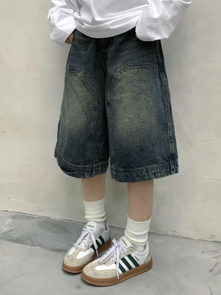 QWEEK Y2k Vintage Baggy Jorts Women Wide Leg Five Points Jeans Korean Streetwear Casual Oversize Washed Denim Shorts Summer 240626