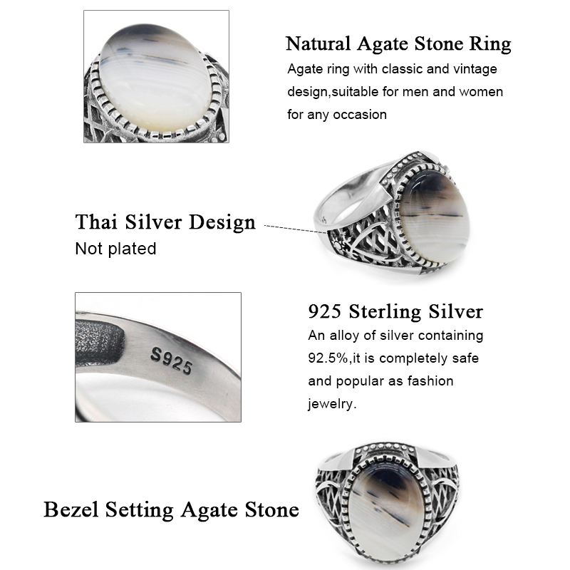 Islamic Ring for Men 925 Sterling Silver Ottoman Swords Natural Agate Stone Male Rings Turkish Muslim Religious Jewelry Gift