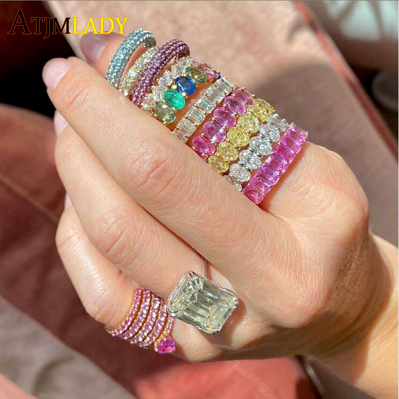 2023 New High Quaity Iced Out Bling 5A Clear Pink CZ Eternity Band Oval Cubic Zirconia Wedding Engagement Ring For Women Jewelry
