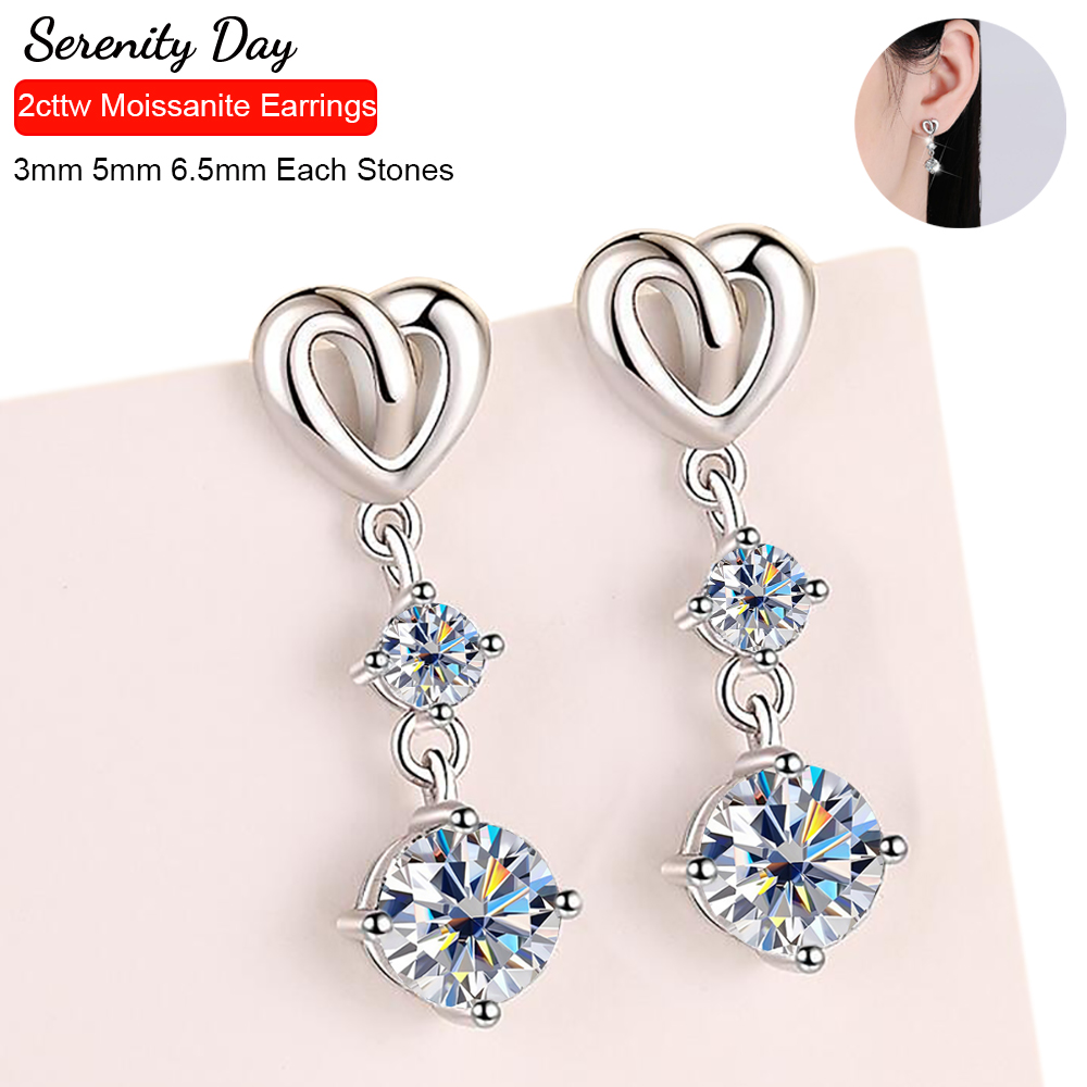 Serenity 2.2cttw Real D Color 1 Carat 6.5mm Full Moissanite Tassels Earring For Women S925 Sterling Silver Stud Ear Fine Jewelry