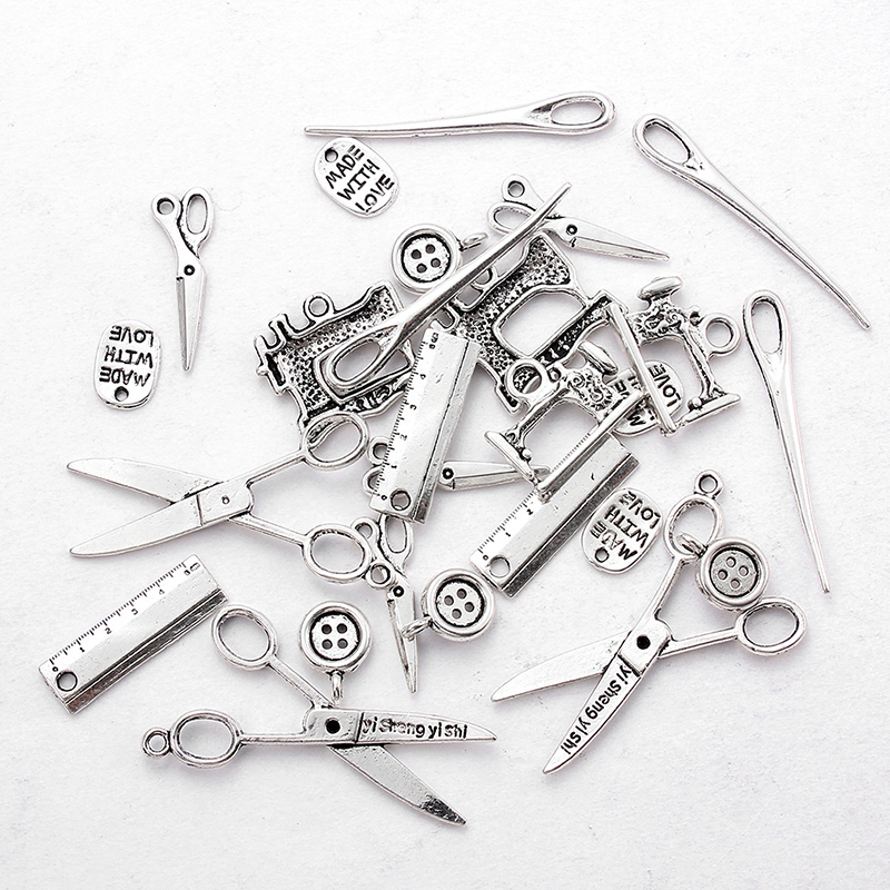 24 Pcs Mixed Antique Silver color Alloy Charms Tools Sewing Pendants DIY Jewelry Making Jewellry Accessories Necklace Ornament