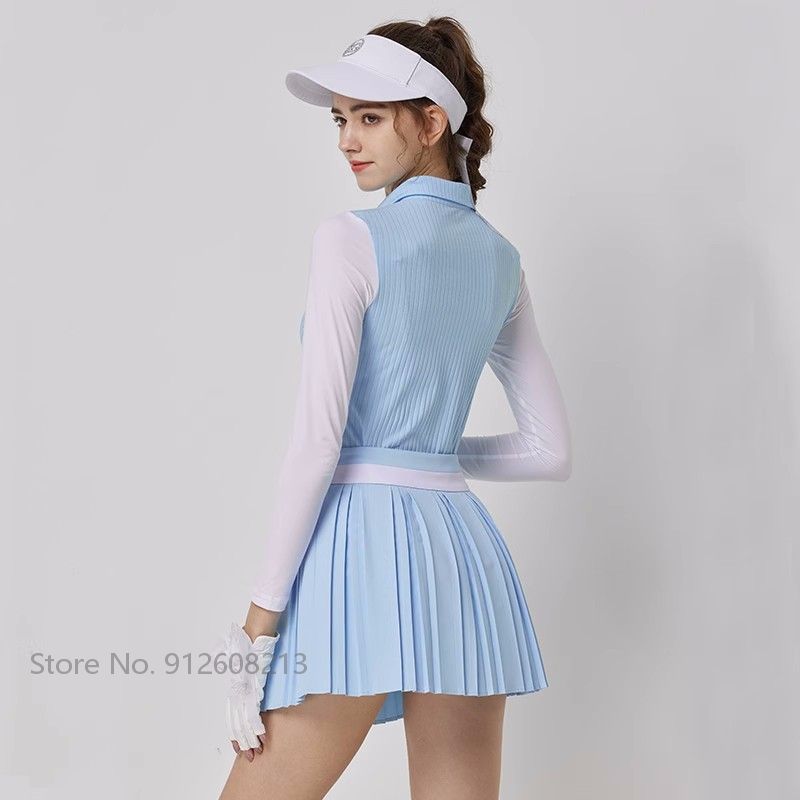 Blktee Summer Lady Long Sleeve Sunscreen Golf Shirt Ice Silk Tops Zipper Collar T-Shirt Women Pleated Skirt High Waist Skort Set