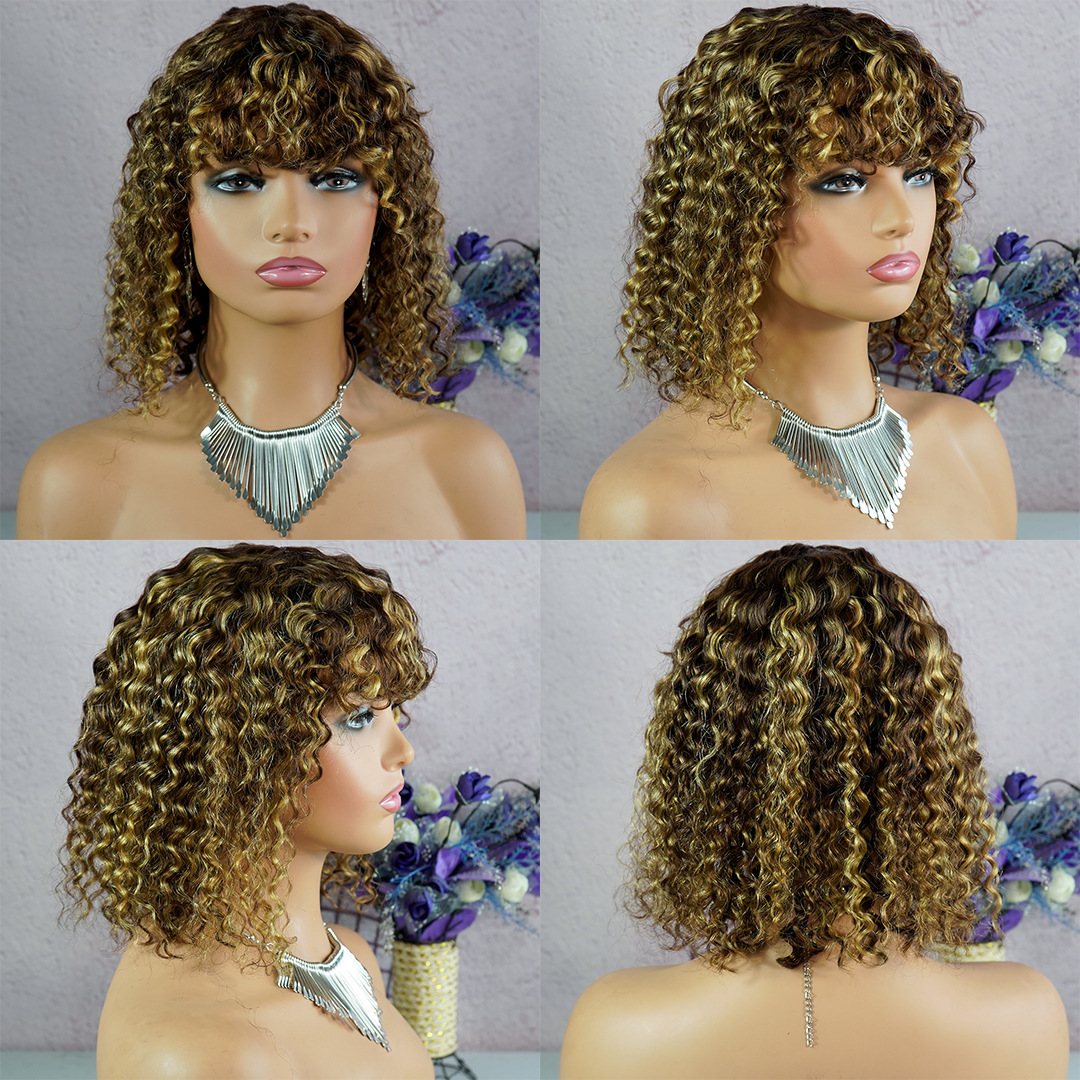 Jerry Curly Human Hair Wigs with Bangs None Full Lace Frontal Wigs Burgundy Piano color Colored Wigs for Women Short Bob Wig