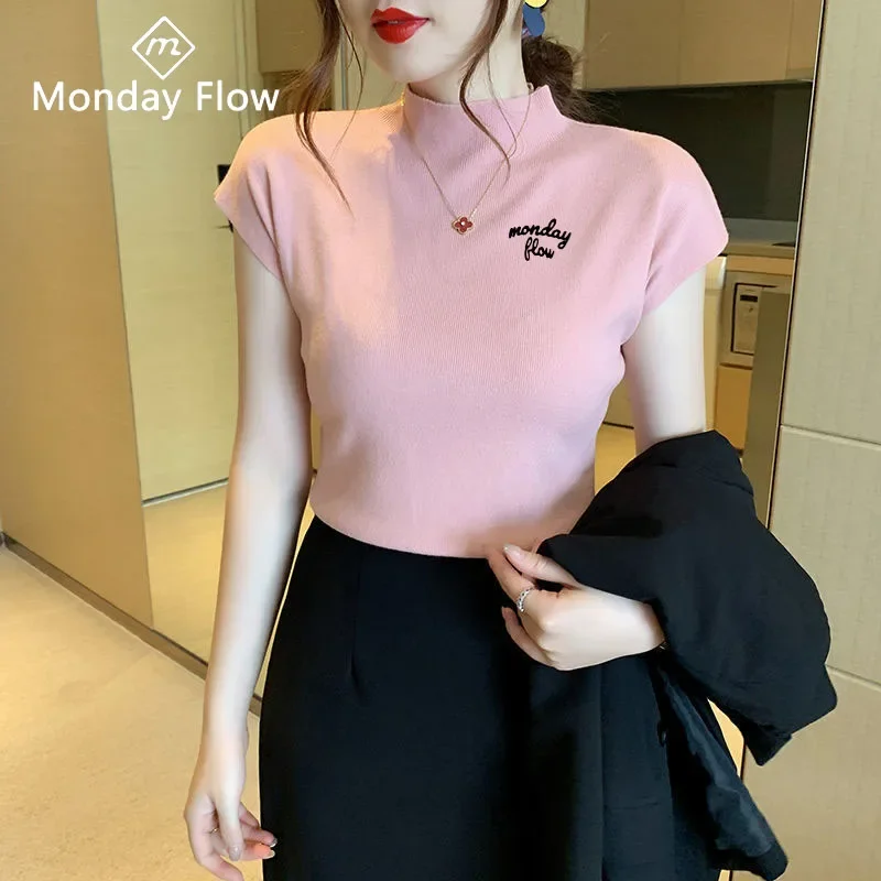 Mondayflow Women Elastic Tennis Sweaters Ladies Slim Knitted Bottoming Shirts Women Stand Collar Shorts Sleeve Tops Golf T-Shirt