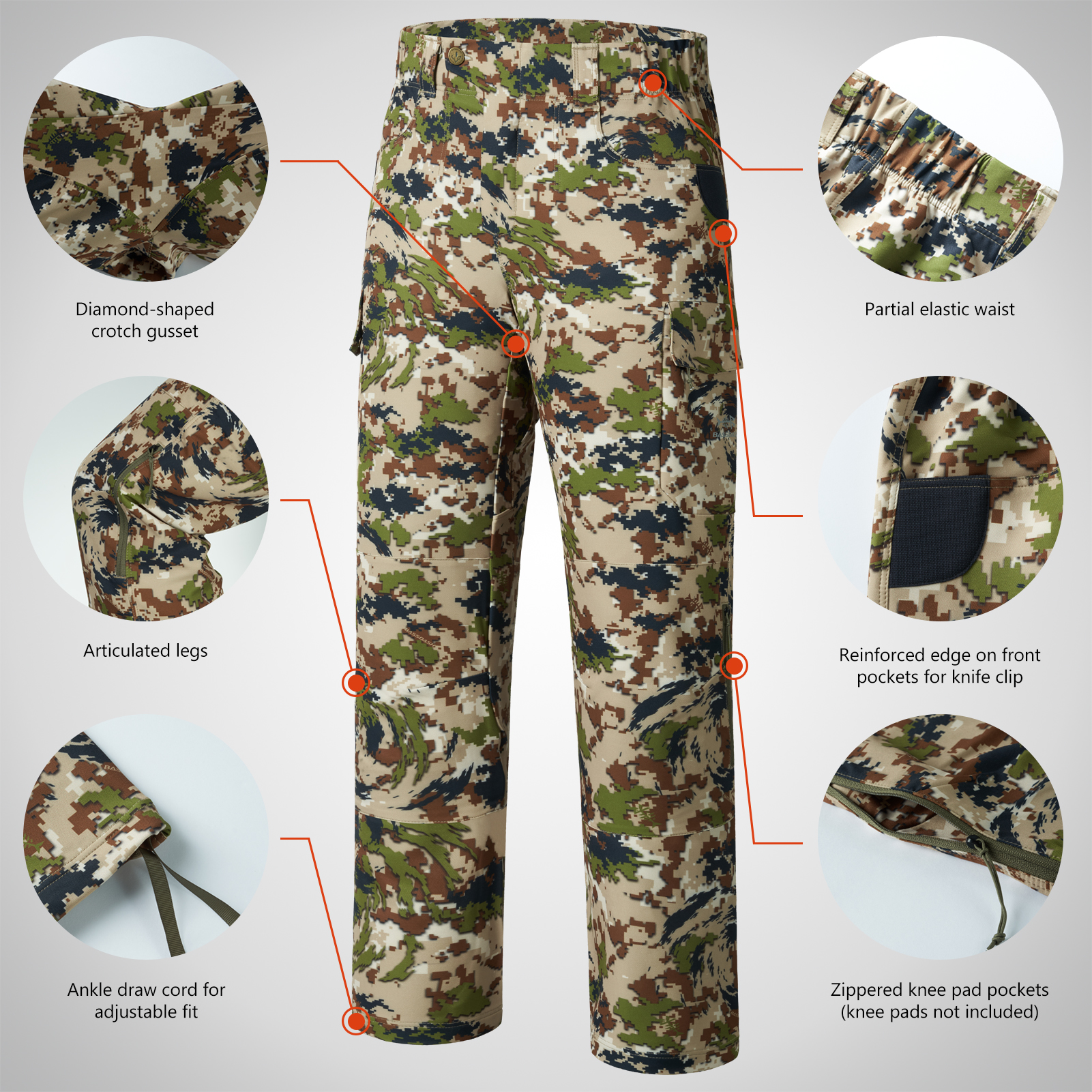 Bassdash Men Stretch Waterproof Hunting Pants Water Resistant Camo Fishing Trousers Camouflage With Zippered Pockets