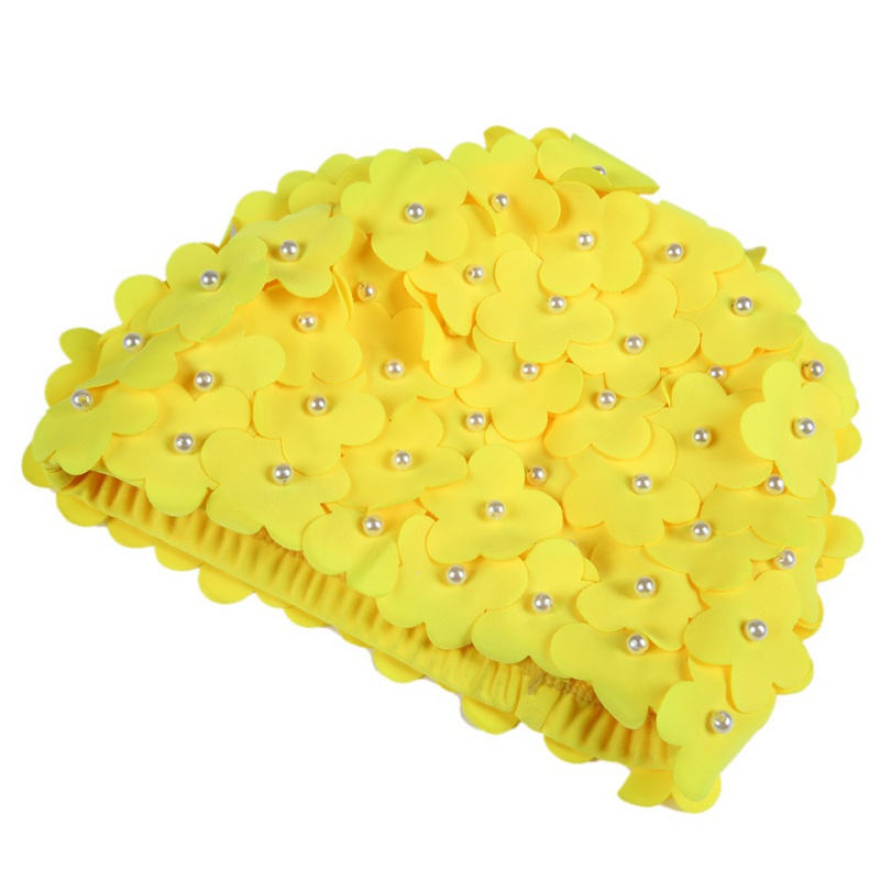 Handmade Swimming Cap Women Pearl Sewed Floral Elastic Breathable Quick Dry Bathing Hat For Long Hair