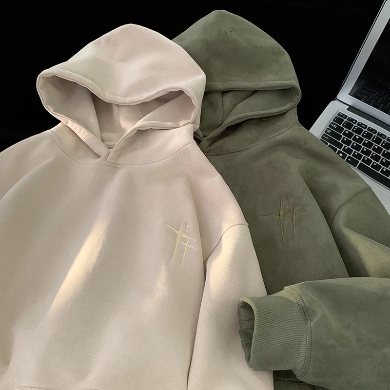 2023 Mens Streetwear Vintage Embroidered Suede Hooded Sweatshirt High Quality Hoodie Fashion Hip hop Unisex Pullover Y2k Clothe 240624