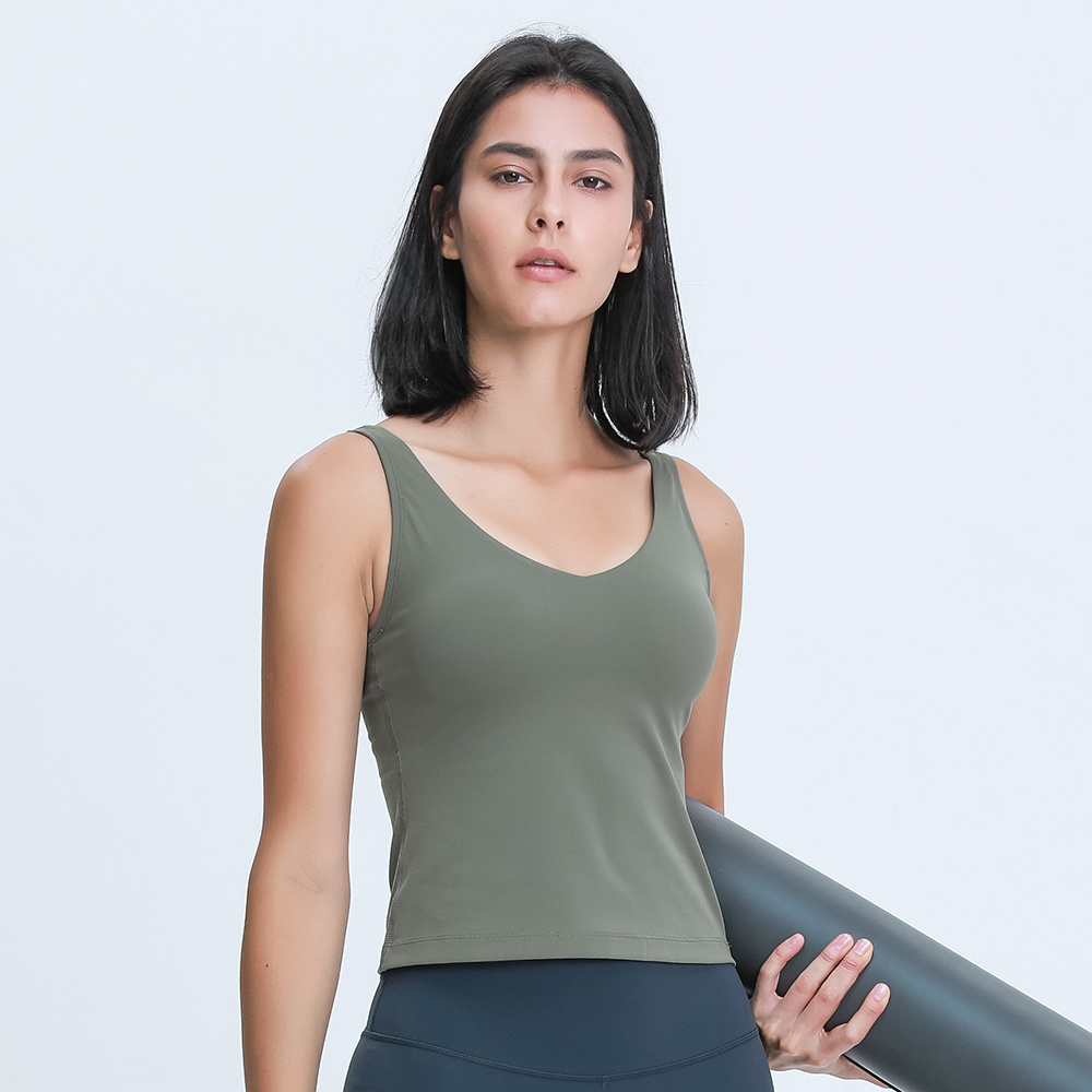 Women Waist-Length Tank Top V-neck Four-way Stretch Sweat-wicking Yoga Shirt With Removable Cups U-Back Cozy Soft Workout Vest